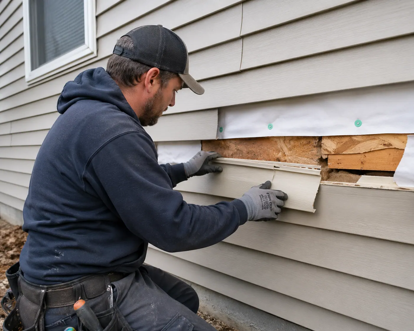Technician repairing residential siding